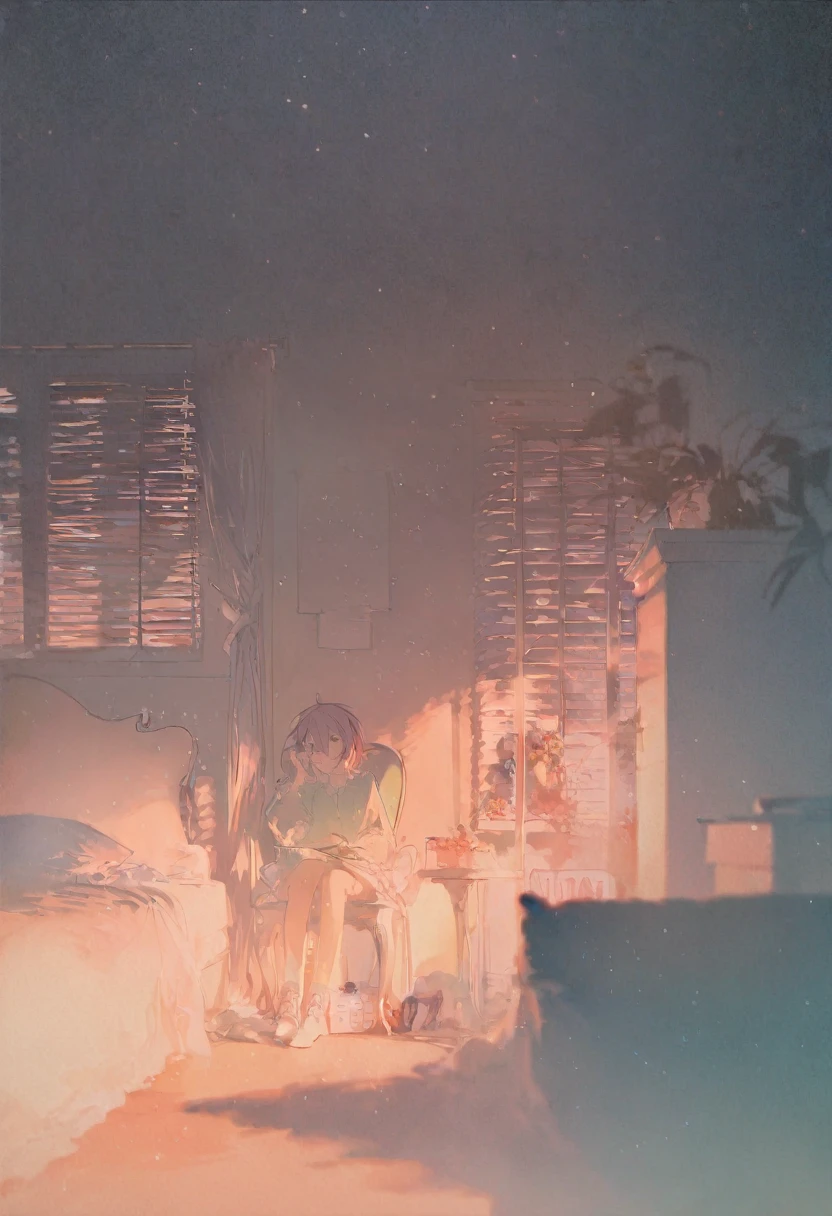 score_9, score_8_up, score_7_up, score_6_up, by rella,best aesthetic, A person sitting ina bedroom, illuminated by many light sources, many colors, amazing, saturated color pallette