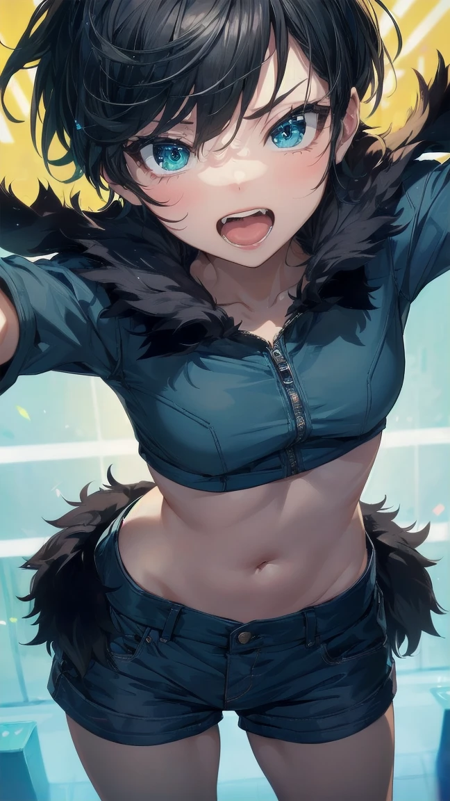 Close-up of a cartoon girl with blue hair and a yellow shirt, 2D Animation, 2D Animation style, 2D Art, 2D Art, 2D from Gorillaz, 2D from Gorillaz, 2D Gorillaz, Screaming Cerket, 2D Sprites, Jinx Face, short hair, Small , hot pants, ((Black Hair, Bright blue fur inside:1.4))