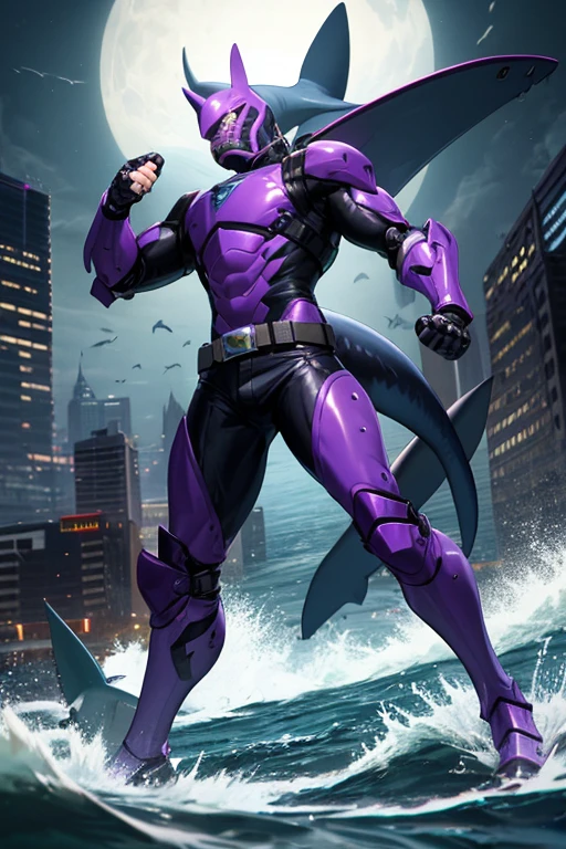 ((best quality)), ((masterpiece)), (detailed), 1 male, full body, 25 years old, masked, purple mask, smooth head, mask covering his mouth, 1 shark crest on his head, diving mask, angry expression, black collar, tall and strong, very athletic, shark fins, grey details, mechanical shark head, shark suit, purple fingerless gloves, purple wristbands, water cannons, shooting water from the wrists, diving suit, purple suit resembling light armor, purple armor with an emblem, blue details, green emblem on his chest, green emblem, purple pants, shark tail, blue knee pads, metallic purple boots, black superhero belt, standing on a pier by the sea, night city background, anime, shark armor