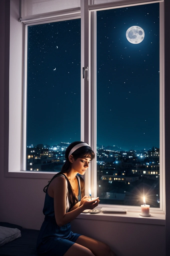 Image where a 25-year-old girl is in her apartment next to her window enjoying the night. In her hand she carries a small cake and on her head a shiny silver headband. She is in complete solitude in front of the moonlight reflecting on her cartoon-style birthday. animated