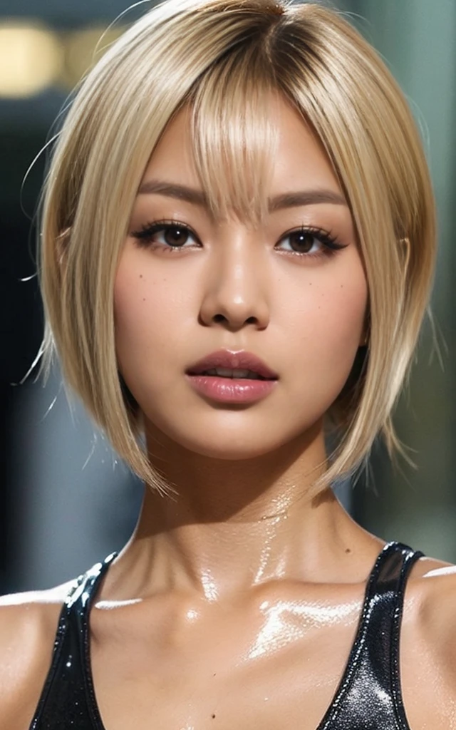gyaru, dark-skinned, (shiny oiled skin:1.2), blond hair, short cut hair, face close up