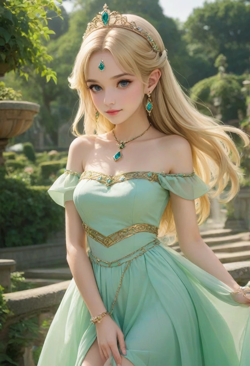 1girl, outdoors, (blonde:1.4), royal garden, (side view:1.6), thin body, medium breasts, (thin:1.6), princess zelda, looking at viewer, dress, tiara, bracelet, earrings, jade jewelry