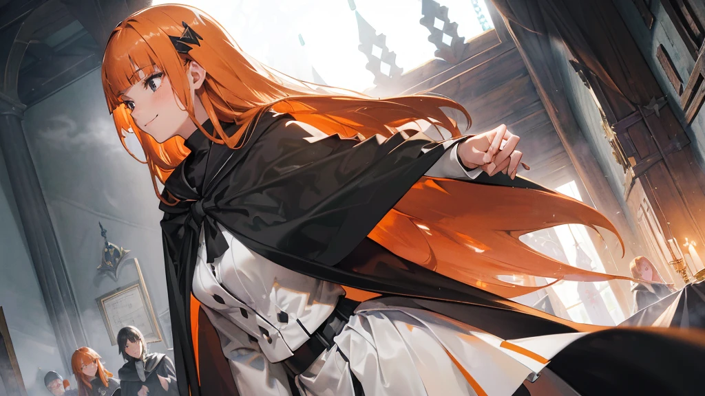 (girl), masterpiece, ultra detailed, 8K Portrait, Raw photo, woman's portrait photography, full body, Highly detailed face, mischievous childish smile, blush, ((Fantasy)), ((young)), 17 years old, 160cm, (((student))), ((tanned skin)), (((dark orange colored long straight hair))), (((blunt bangs))), hair ornament, (((black silk long cloak))) Fluttering in the wind, (high school dark white uniform:1.5), Plaid short skirt, Midday sun, Hyper realistic, Slender body, by the snowy castle, Ambient lighting, Shadow details, Camera focus on face, strong breeze, Light fog, from side,
