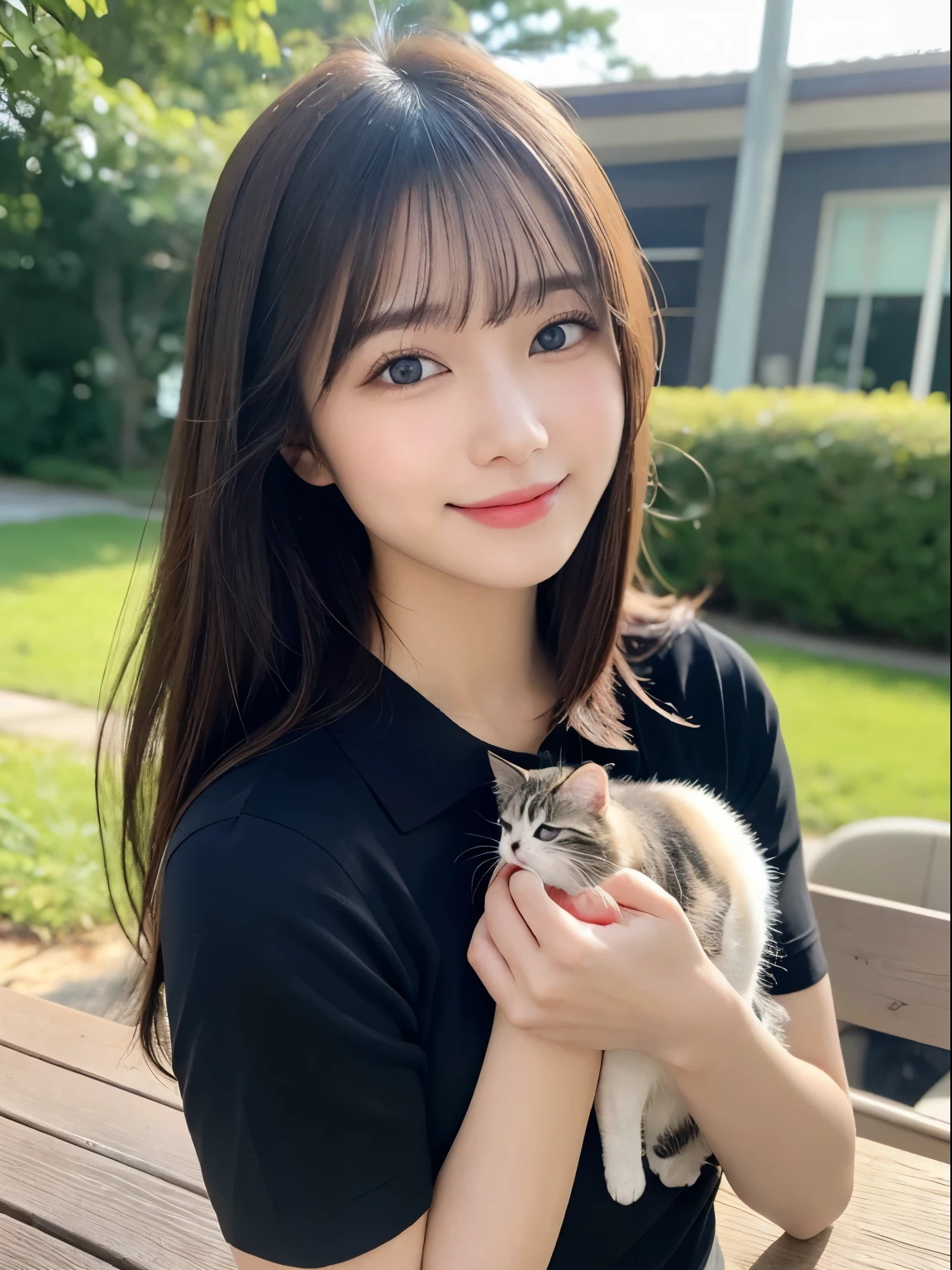 On the table, Highest quality, realism, Fine details, High resolution, 8k wallpaper, Perfect dynamic composition, Beautiful and delicate eyes, Medium Straight Hair, Casual and sexy pose,Random Situation、Holding a kitten、Wearing a polo shirt、(Beautiful breasts overflowing 1.3)、Bright smile、Bokeh、nature、Age 25、(Droopy Eyes 1.3)、Adult Beauty、Japanese