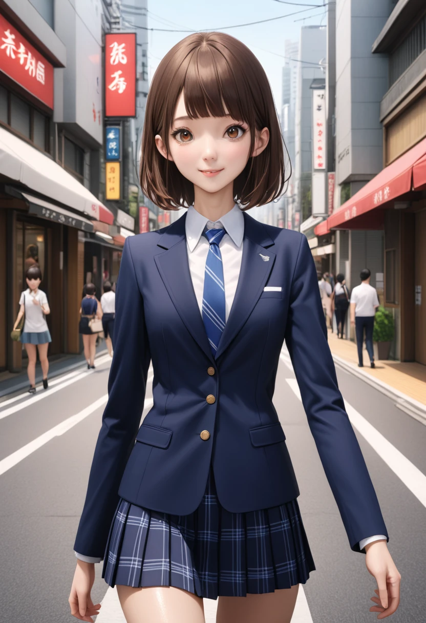 (realistic:1.3,masterpiece,Highest quality:1.3,best quality illustration),cowboy shot,1woman,20 year old Japanese beauty,very small head,(short bob brown hair),bangs,brown eyes,gorgeous eyes,blush,smile,medium breasts,((very long body:1.3)),((toned body,slender body,skinny:1.4)),(School uniform、Dark blue blazer jacket、White shirt、Navy blue tie、Dark blue plaid pleated mini skirt),gleaming skin,shiny skin,standing,on street、Tokyo,