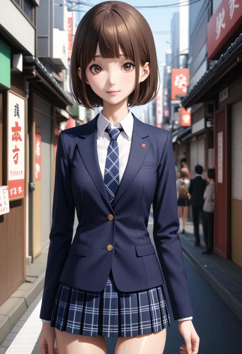 (realistic:1.3,masterpiece,Highest quality:1.3,best quality illustration),cowboy shot,1woman,20 year old Japanese beauty,very small head,(short bob brown hair),bangs,brown eyes,gorgeous eyes,blush,smile,medium breasts,((very long body:1.3)),((toned body,slender body,skinny:1.4)),(School uniform、Dark blue blazer jacket、White shirt、Navy blue tie、Dark blue plaid pleated mini skirt),gleaming skin,shiny skin,standing,on street、Tokyo,
