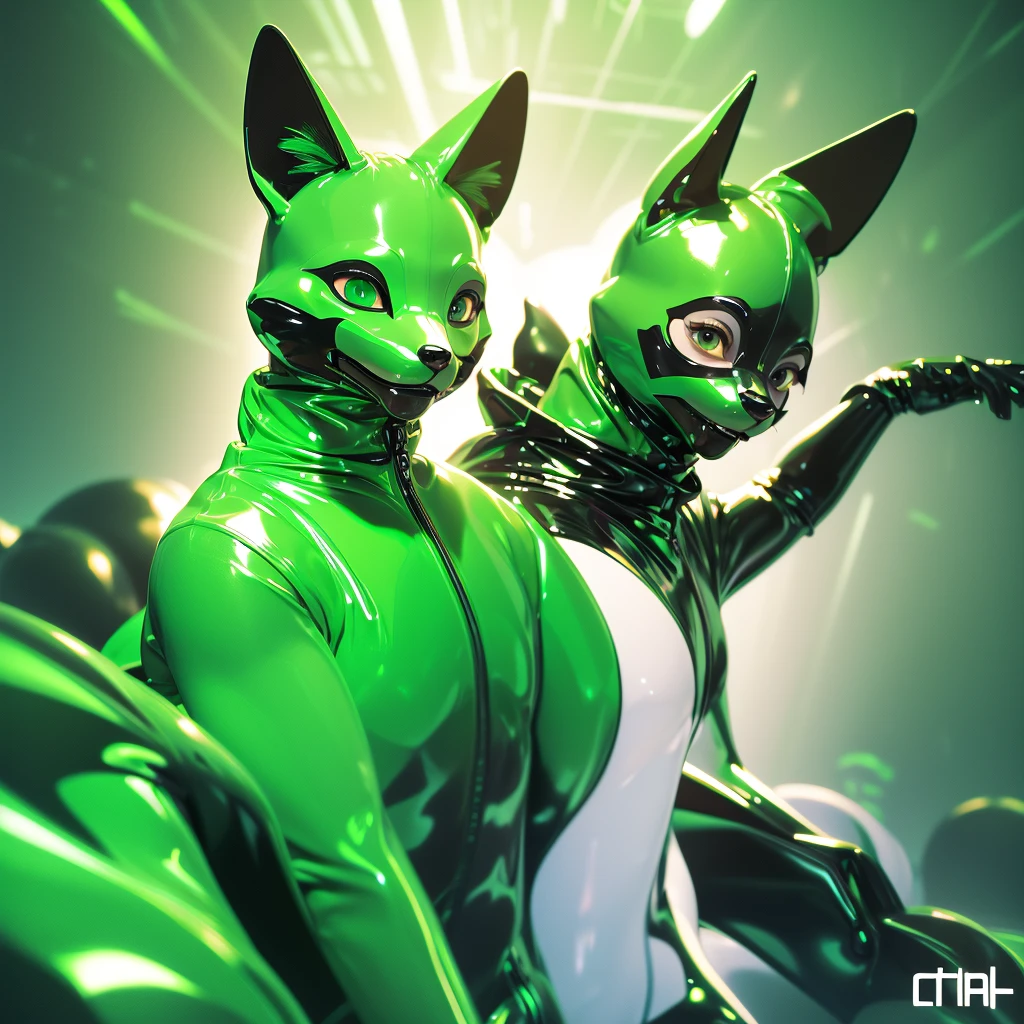 this illustration of male person, anthro junior fox is wearing green shiny rubber bodysuit, and green shiny rubber full-face head, shiny, white background, in furry art style, sleek, yellow eyes