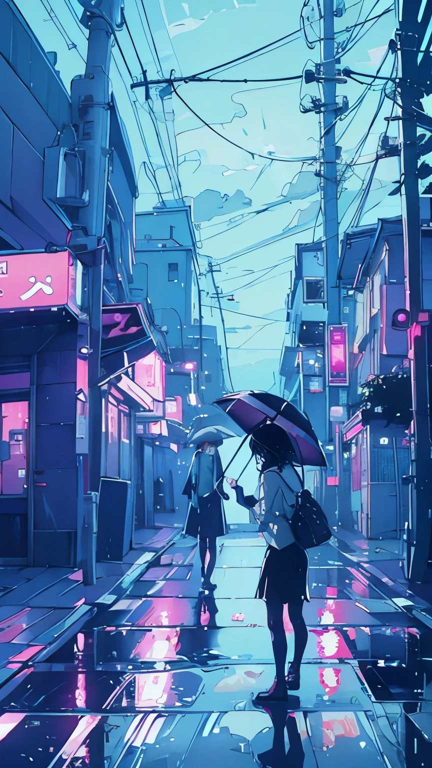 Raining, A woman walks with an umbrella、The neon lights of the city are reflected.