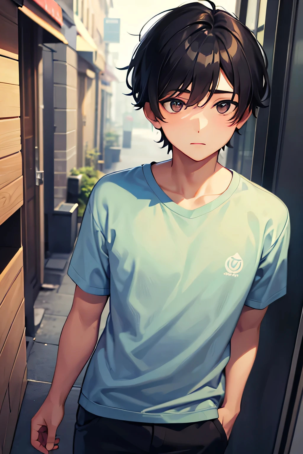 A young american man with a calm outlook on life, short black hair and a medium-sized, not muscular, wearing ordinary shirts and pants.
