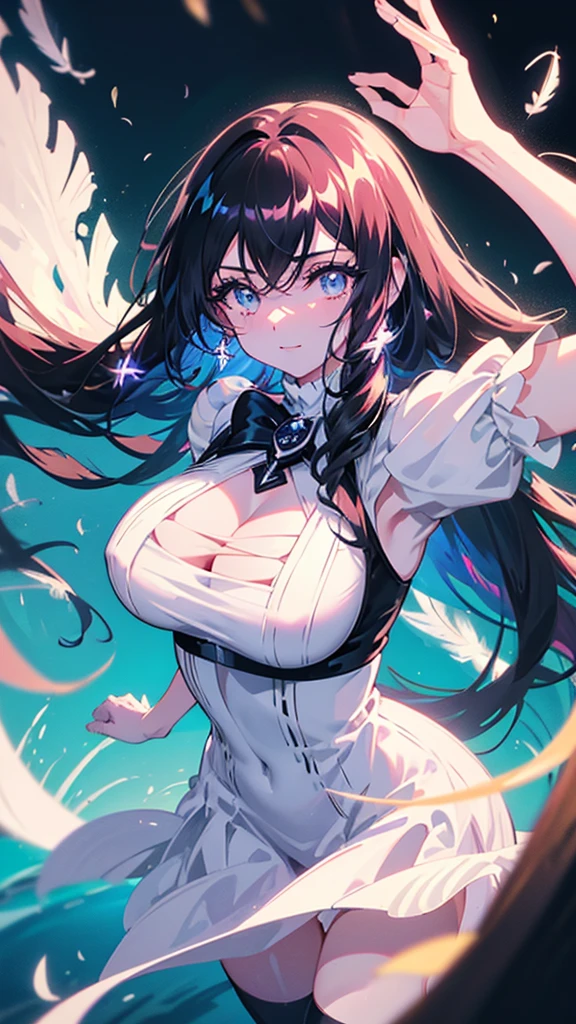 best quality, extremely detailed, anime style adult 1girl, long hair down to the waist, straight hair, ((dark black hair with bluish)),crown braid,beautiful detailed eyes, pinched eyes, dark blue eyes, huge breasts,curvy,(((white main black cyberpunk and magical dress))),longskirt,((feather accessory)),magical girl,light smile,((amusement park)),animation cap,animated gif,in precure style