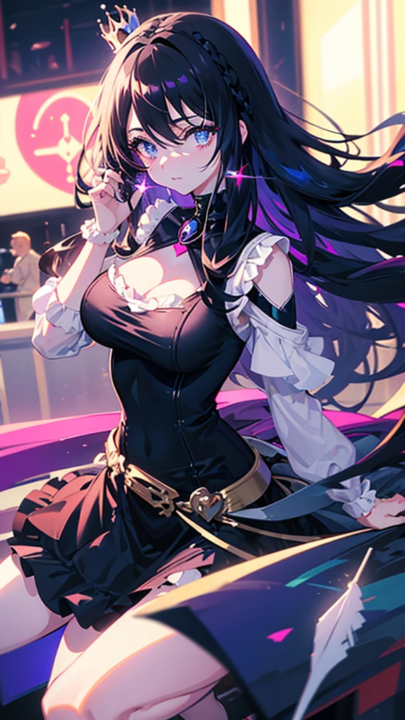 best quality, extremely detailed, anime style adult 1girl, long hair down to the waist, straight hair, ((dark black hair with bluish)),crown braid,beautiful detailed eyes, pinched eyes, dark blue eyes, huge breasts,curvy,(((white main black cyberpunk and magical dress))),longskirt,((feather accessory)),magical girl,light smile,((amusement park)),animation cap,animated gif,in precure style