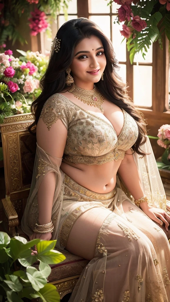 ravishing sexy curvy chubby tall Plus size bbw supermodel Indian 30 years old fat Marriage Woman as elegant bride, in a flower garden venue, wearing ethereal black lehenga and blouse, navel, with embroidered angel wings, lavish flower decorations, intricate henna tattoos,, (ravishing long wavy backlit hair), (enchanting daylight:1.2), (intricate kohl lined eyes:1.3), (adorable smile:1.3) soft dramatic lighting, flower everywhere, backlit, light rays, highly detailed, trending on artstation, paint splashes, rich colour, fantasy portrait, by atey ghailan & Annie Leibovitz