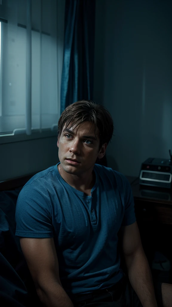 headshot of Micheal looking so sad in his room, micheal's son sitting beside him, 8k realistic imagery, blue scenery like a movie scene, old american setting, inspired by blade runner movie scene, blue tone,
