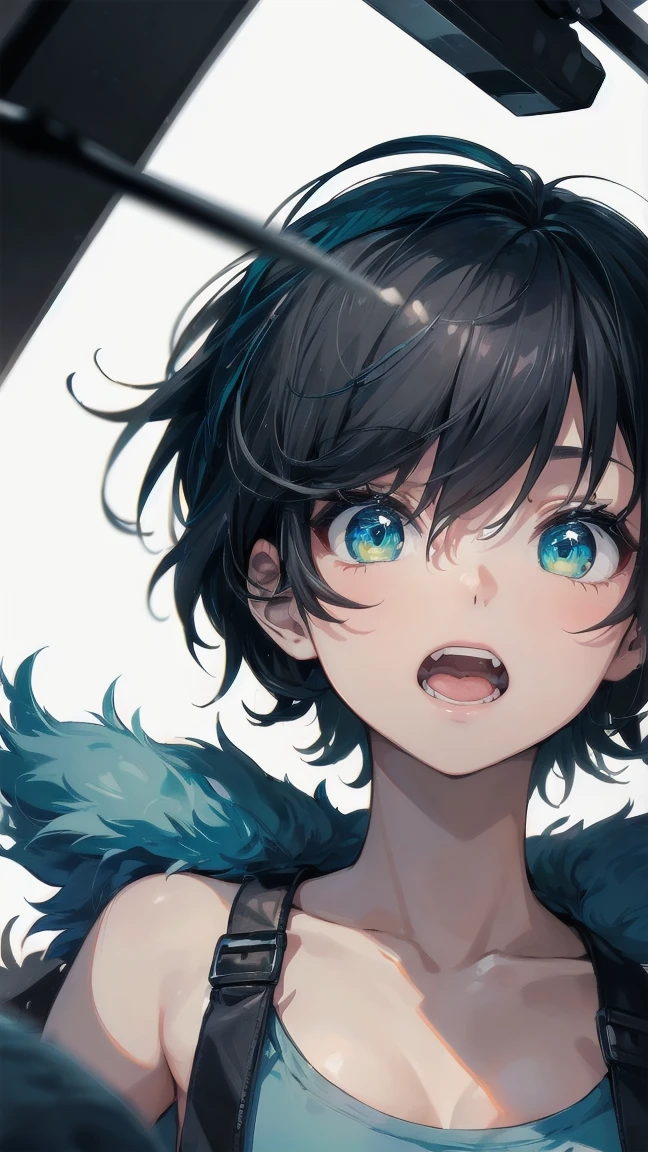 Close-up of a cartoon girl with blue hair and a yellow shirt, 2D Animation, 2D Animation style, 2D Art, 2D Art, 2D from Gorillaz, 2D from Gorillaz, 2D Gorillaz, Screaming Cerket, 2D Sprites, Jinx Face, short hair, Small breasts, hot pants, ((Black Hair, Bright blue fur inside:1.4))