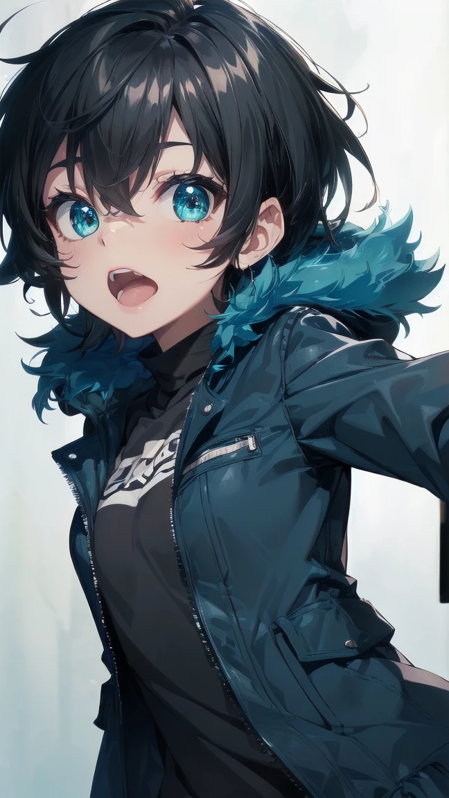 Close-up of a cartoon girl with blue hair and a yellow shirt, 2D Animation, 2D Animation style, 2D Art, 2D Art, 2D from Gorillaz, 2D from Gorillaz, 2D Gorillaz, Screaming Cerket, 2D Sprites, Jinx Face, short hair, Small breasts, hot pants, ((Black Hair, Bright blue fur inside:1.4))