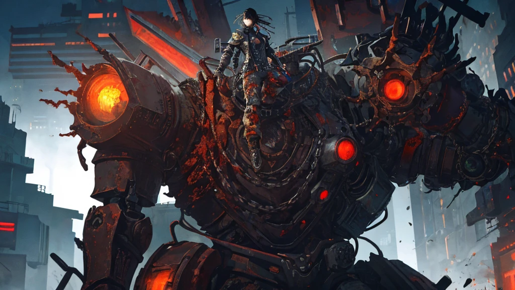 a dark cyberpunk fantasy scene, 1 person wearing a weathered mechanical suit, chain saw wielding cyborg guardian, complex steel and rust mechanical marvels, elegant and vivid colors, soft lighting, masterpiece, cinematic wide angle cowboy shot, dynamic pose