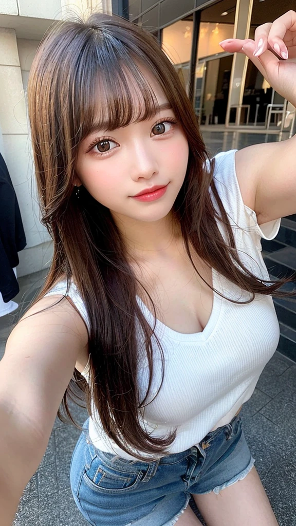 highest quality, shape, Very detailed, finely, High resolution, 8k wallpaper, Perfect dynamic shape, Beautiful and detailed, Summer clothes,Medium Hair,Natural color lip,smile,20-year-old girl、long hair、Midnight、Beautiful and elaborate face、Perfect and beautiful face、Slim face and figure,spread your arms wide,Big eyes,Take a photo with your face raised from below your knees、Small face、Beautifully detailed face、Perfect and beautiful double eyelids、Big cleavage、Long, Slender legs、One Woman、gravure、Skinny jeans、Watching the audience、run、selfie