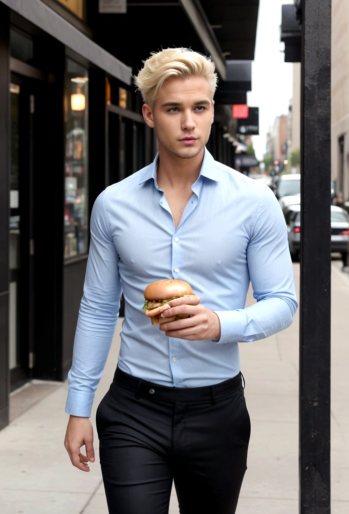 sexy man, blonde hair staring, eating a hamburger, walking in the city, light blue shirt, Black pants. 