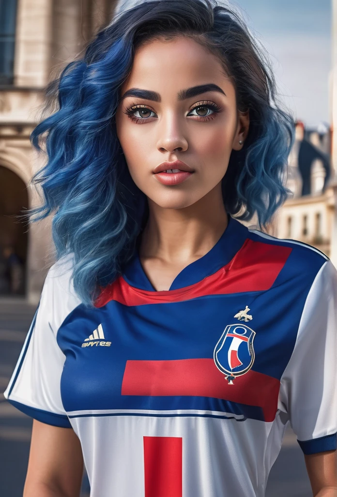 1 beautiful biracial woman, blue hair, blue eyes, wearing french jersey soccer team, french flag, soccer ball, detailed facial features, beautiful detailed eyes, beautiful detailed lips, extremely detailed eyes and face, long eyelashes, intricate details, fashion model pose, glass ceiling, natural lighting, warm colors, elegant dress, high-end shopping