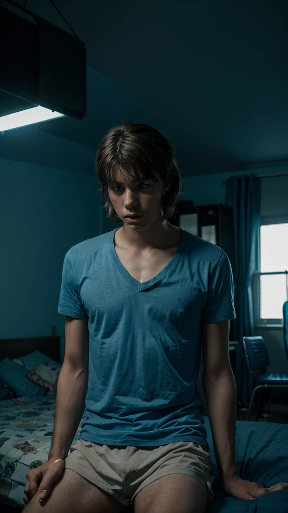 Girl so sad in his room, with his son sitting on his laps, 8k realistic imagery, blue scenery like a movie scene, young american setting, inspired by blade runner movie scene, blue tone,