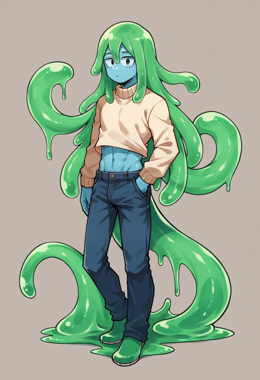 score_9, score_8_up, score_7_up, score_6_up, score_5_up, score_4_up, source_anime, 1Boy, slime Boy, Blue skin, Soft fashion, Long hair with green tips, tentacles, slime tentacles, slime boy, solo, slimegirlsfw, slime boy, sweater crop top, jeans, slimeboy, my hero academia, tentacles, school, depth of field, LUT, detailed, handsome, cute slime boy. My hero academia school, Tentacle tail, Full body shot, , muscular.