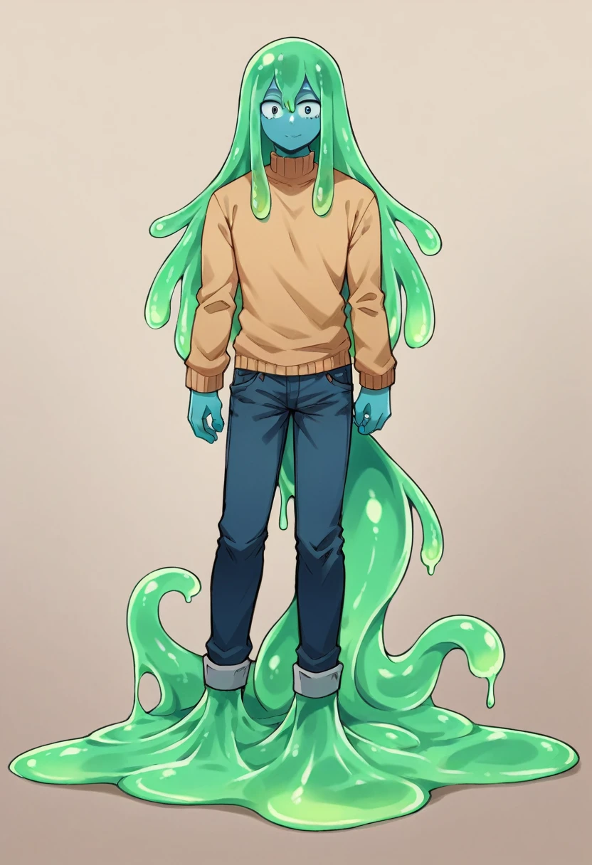 score_9, score_8_up, score_7_up, score_6_up, score_5_up, score_4_up, source_anime, 1Boy, slime Boy, Blue skin, Soft fashion, Long hair with green tips, tentacles, slime tentacles, slime boy, solo, slimegirlsfw, slime boy, sweater crop top, jeans, slimeboy, my hero academia, tentacles, school, depth of field, LUT, detailed, handsome, cute slime boy. My hero academia school, Tentacle tail, Full body shot, , muscular.