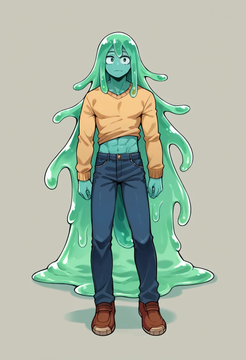 score_9, score_8_up, score_7_up, score_6_up, score_5_up, score_4_up, source_anime, 1Boy, slime Boy, Blue skin, Soft fashion, Long hair with green tips, tentacles, slime tentacles, slime boy, solo, slimegirlsfw, slime boy, sweater crop top, jeans, slimeboy, my hero academia, tentacles, school, depth of field, LUT, detailed, handsome, cute slime boy. My hero academia school, Tentacle tail, Full body shot, , muscular.