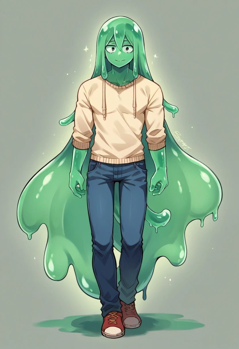 score_9, score_8_up, score_7_up, score_6_up, score_5_up, score_4_up, source_anime, 1Boy, slime Boy, Blue skin, Soft fashion, Long hair with green tips, tentacles, slime tentacles, slime boy, solo, slimegirlsfw, slime boy, sweater crop top, jeans, slimeboy, my hero academia, tentacles, school, depth of field, LUT, detailed, handsome, cute slime boy. My hero academia school, Tentacle tail, Full body shot, , muscular.