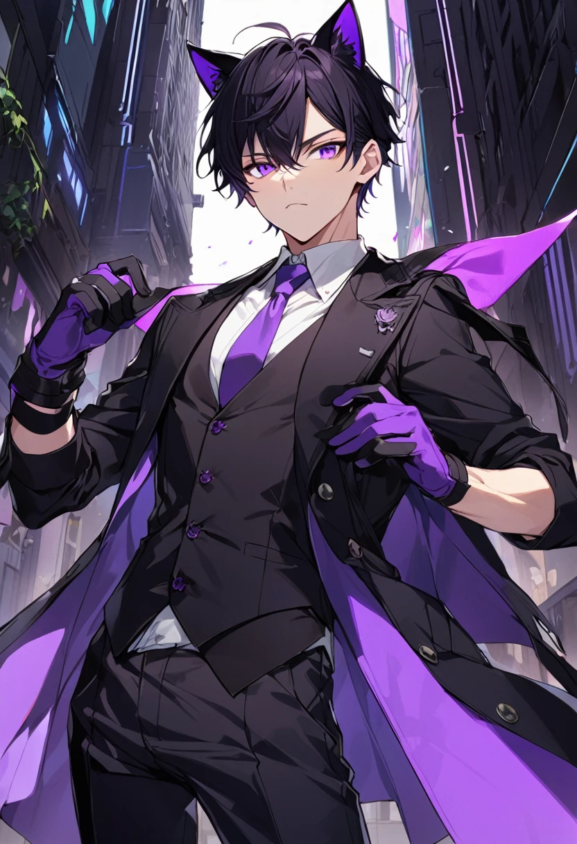 1man, short black hair, black cat ears, bright purple eyes, wearing a black vest, wearing a white undershirt, wearing a purple tie, wearing black pants, wearing purple gloves