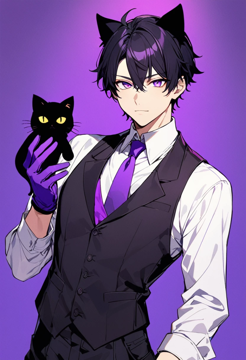 1man, short black hair, black cat ears, bright purple eyes, wearing a black vest, wearing a white undershirt, wearing a purple tie, wearing black pants, wearing purple gloves