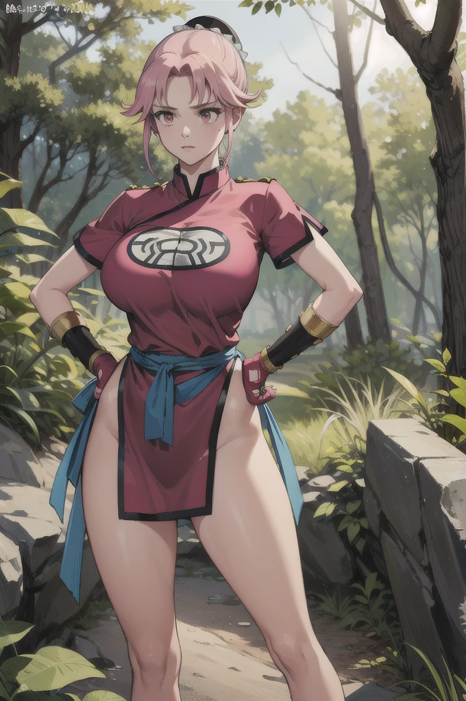 maam,big breasts,beautifuleyes,narrow waist,realistic,solo,outdoor,forest, martialMaam,pink hair,hair bun,long hair,china dress,short sleeves,sash,fingerless gloves,beautiful legs,(hands on hips, looking away),