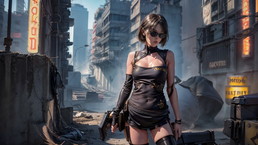 8K, Realistic Skin Texture, Realistic Photo, (((((1 slim western women, solo))))), large-breast:1.4 cleavage:1.3, AD2050 at night, wearing off neck tube top, miniskirt, (((black sunglasses, automatic rifle, sneakers, cold, standing and shooting pose))), (((((((half-body (((thigh level))) medium:1.3 shot))))))), innovative composition, revenge, aerial view of military base, blade runner worldview, large neon sign.