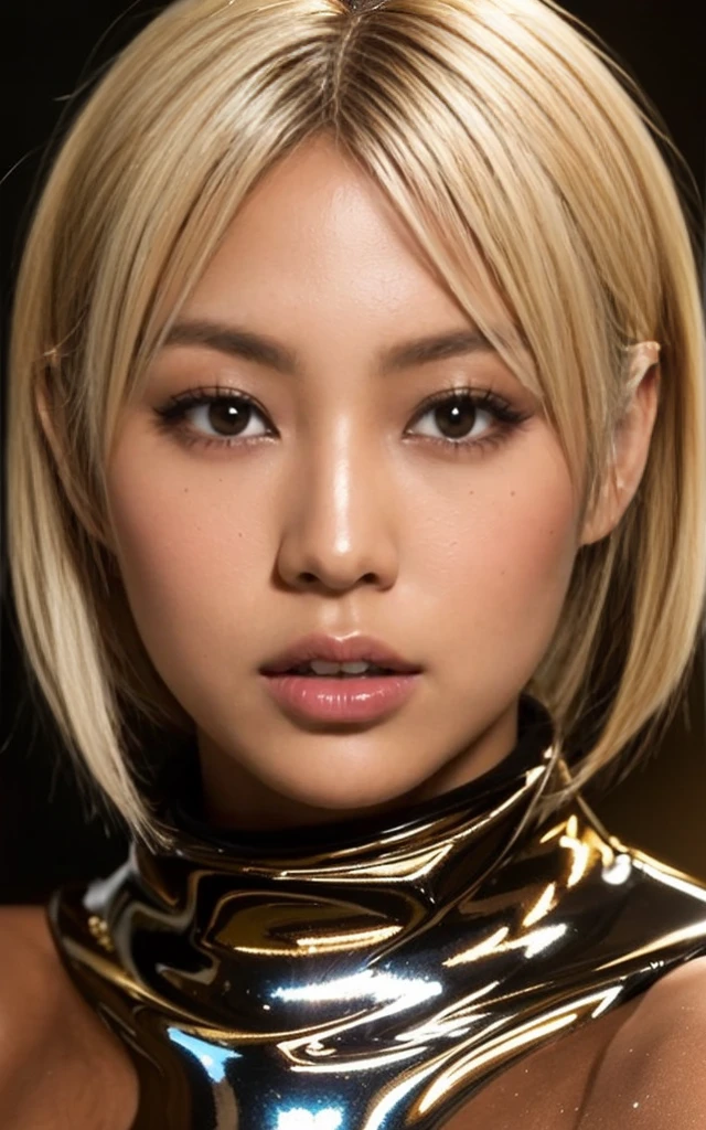 gyaru, dark-skinned, (shiny oiled skin:1.3), blond hair, short cut hair, face close up