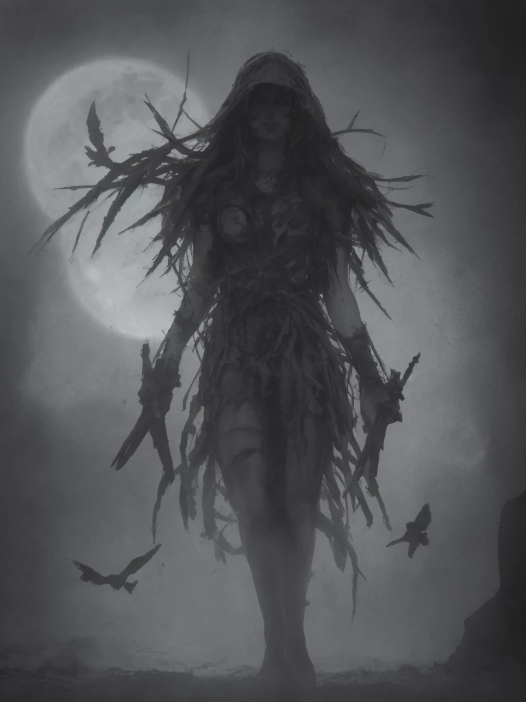 macabre style heart of the Black Desert a ral-dissolve woman cloaked in shadow stands, solo, her form a deeper shade within the all-encompassing darkness, performing a mysterious ritual known only to her, moving with precision and grace through the thick tangible obscurity that surrounds her, the ritual carving pathways of emptiness into the void itself, a massive harvest moon in the background, moon light filters through the darkness illuminating her form, crows gather around her drawn to the enigmatic aura of this sculptor of the unseen, style of Russ Mills and Tyler Shields. SimplePositiveXLv2, . dark, gothic, grim, haunting, highly detailed,