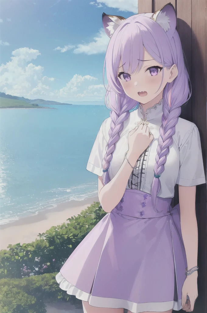 ((masterpiece)), (best quality), (ultra-detailed), photorealistic, (best illustration), ((an extremely delicate and beautiful)), 1girl, solo, long hair, tiger ears, [:tiger tail under:0.2], lilac hair, two-tone hair, full body art, (purple armor:1), multicolored dress, cross-laced, standing, evil purple eyes, sharp teeth, showing teeth, want to bite viewer, open mouth, White shirt, short sleeves, detailed scenery, blue sky, horizon, low twin braids, twin braids, hair ornament, bracelet, (hand on own chest:0.9), blush. 