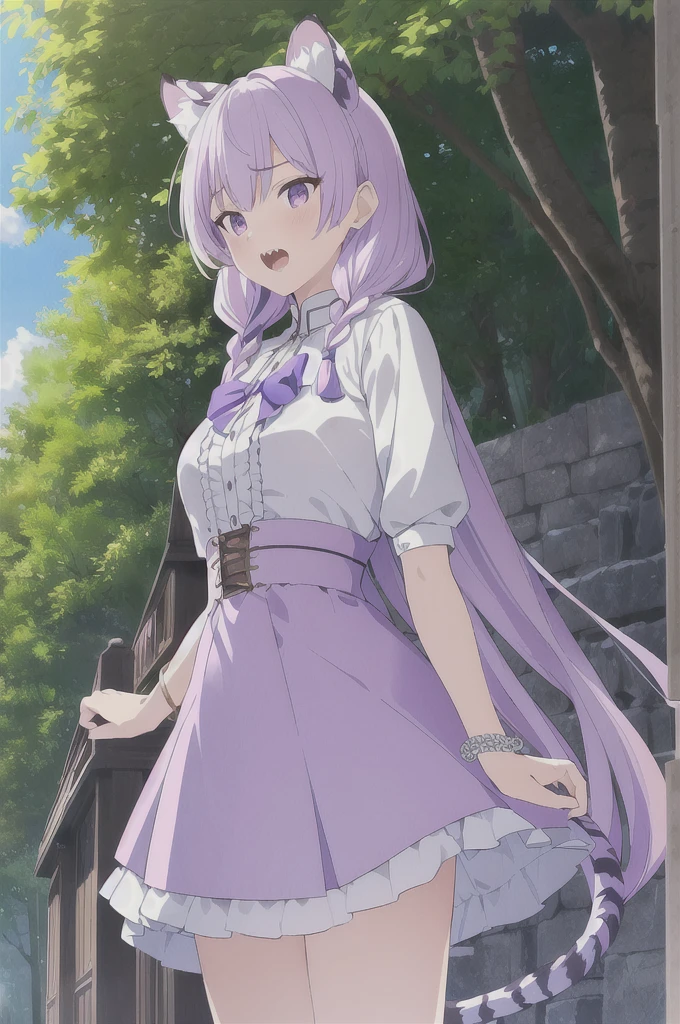 ((masterpiece)), (best quality), (ultra-detailed), photorealistic, (best illustration), ((an extremely delicate and beautiful)), 1girl, solo, long hair, tiger ears, [:tiger tail under:0.2], lilac hair, two-tone hair, full body art, (purple armor:1), multicolored dress, cross-laced, standing, evil purple eyes, sharp teeth, showing teeth, want to bite viewer, open mouth, White shirt, short sleeves, detailed scenery, blue sky, horizon, low twin braids, twin braids, hair ornament, bracelet, (hand on own chest:0.9), blush. 