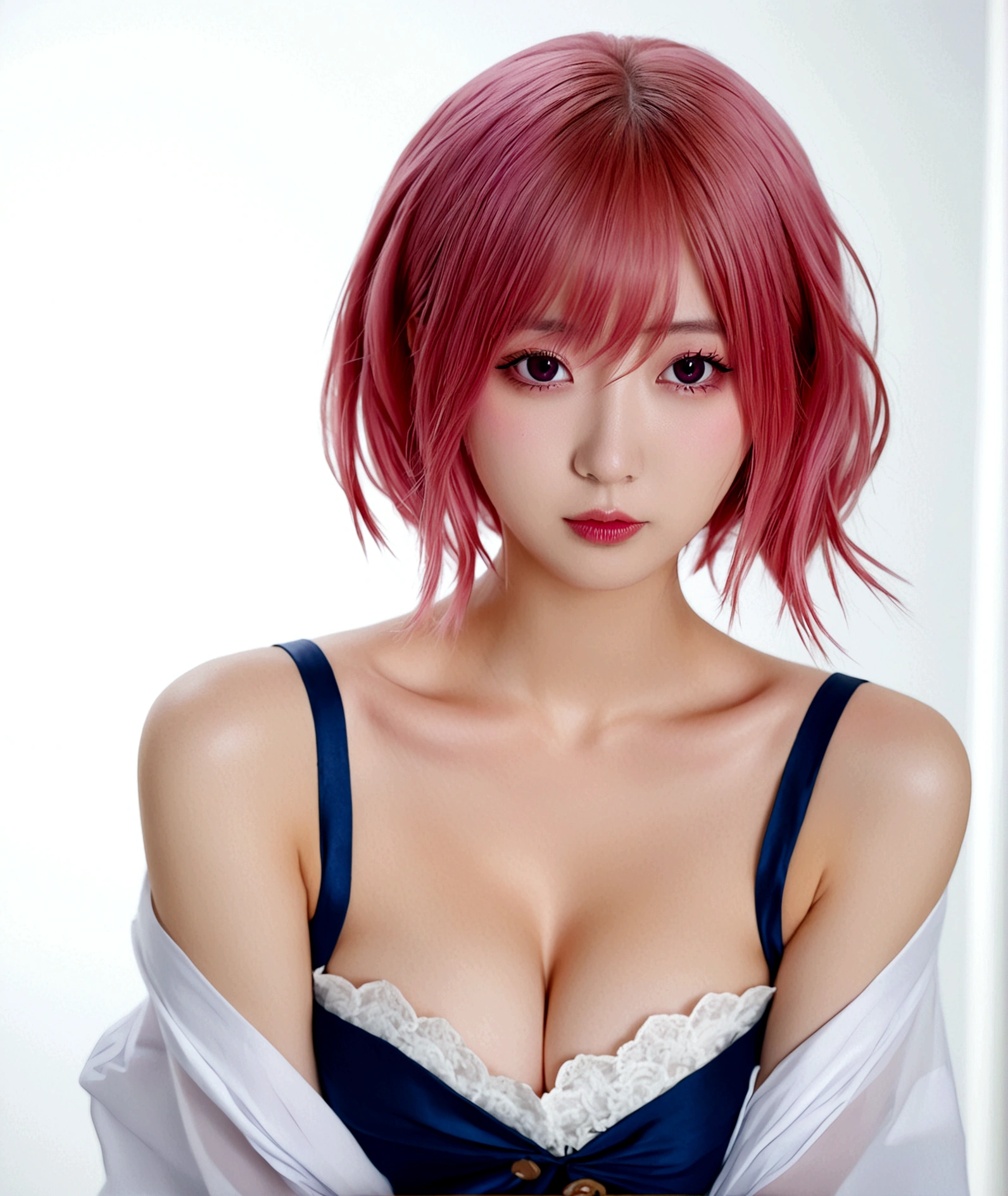 1girl, solo, breasts, looking at viewer, blush, short hair, simple background, shirt, white background, cleavage, medium breasts, upper body, pink hair, pink eyes, off shoulder, hair twirling, saigyouji yuyuko, momo velia deviluke