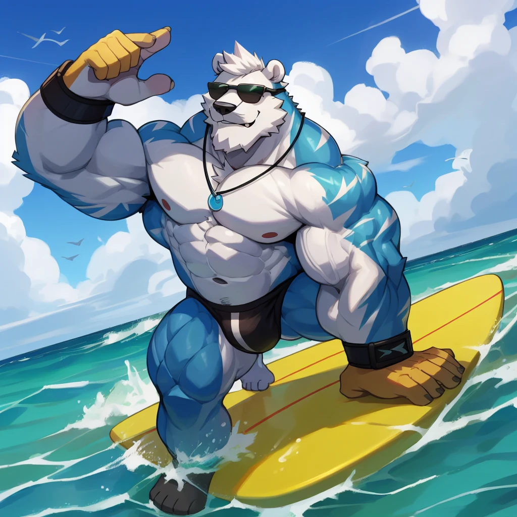 solo, 1boy, Huge Muscular White Polar Bear Dad wearing black sunglasses, huge white fur, pectoral, huge pectoral, wide pectoral, short white hair, blue-colored competitive briefs, black wristbands and shirtless topless, bearded, white Mustache, white fur, tooth necklace, professional surfer, surf board, background, masterpiece, high detailed, 8k, high resolution, at the ocean, surfing the waves, riding the surfboard, gliding on the surfboard, being totally radical, surf's up dudes, showboating