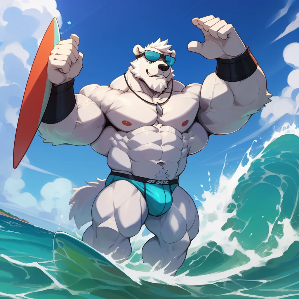 solo, 1boy, Huge Muscular White Polar Bear Dad wearing black sunglasses, huge white fur, pectoral, huge pectoral, wide pectoral, short white hair, blue-colored competitive briefs, black wristbands and shirtless topless, bearded, white Mustache, white fur, tooth necklace, professional surfer, surf board, background, masterpiece, high detailed, 8k, high resolution, at the ocean, surfing the waves, riding the surfboard, gliding on the surfboard, being totally radical, surf's up dudes, showboating