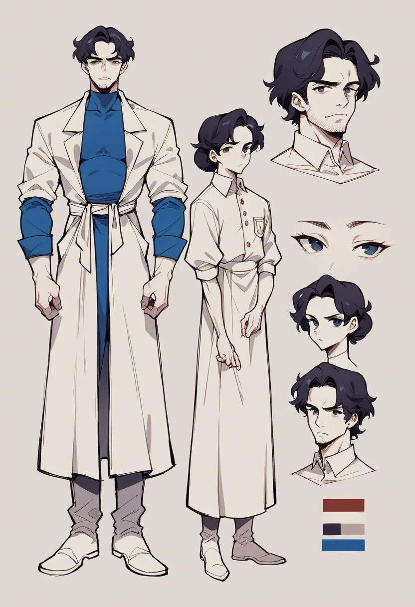 He is an adult wearing a lab coat sit back hair 35 years old skinny snow White skin, Full body, master piece, character sheet, character sheet, character sheet.