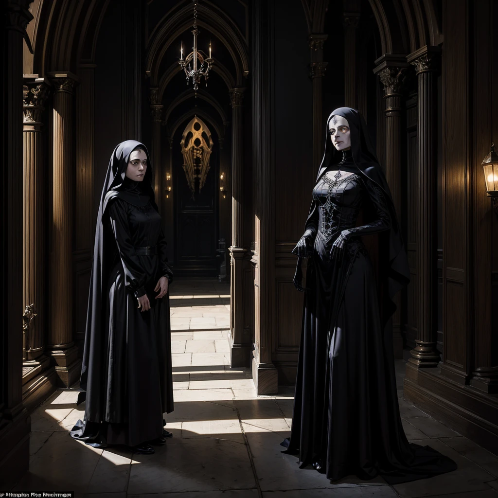 A sinister and mysterious Gothic room where a skeletal nun mummy lies on one wall, next to it a ghost completely covered in a black veil down to the feet where only the white eyes illuminated like two lights can be seen