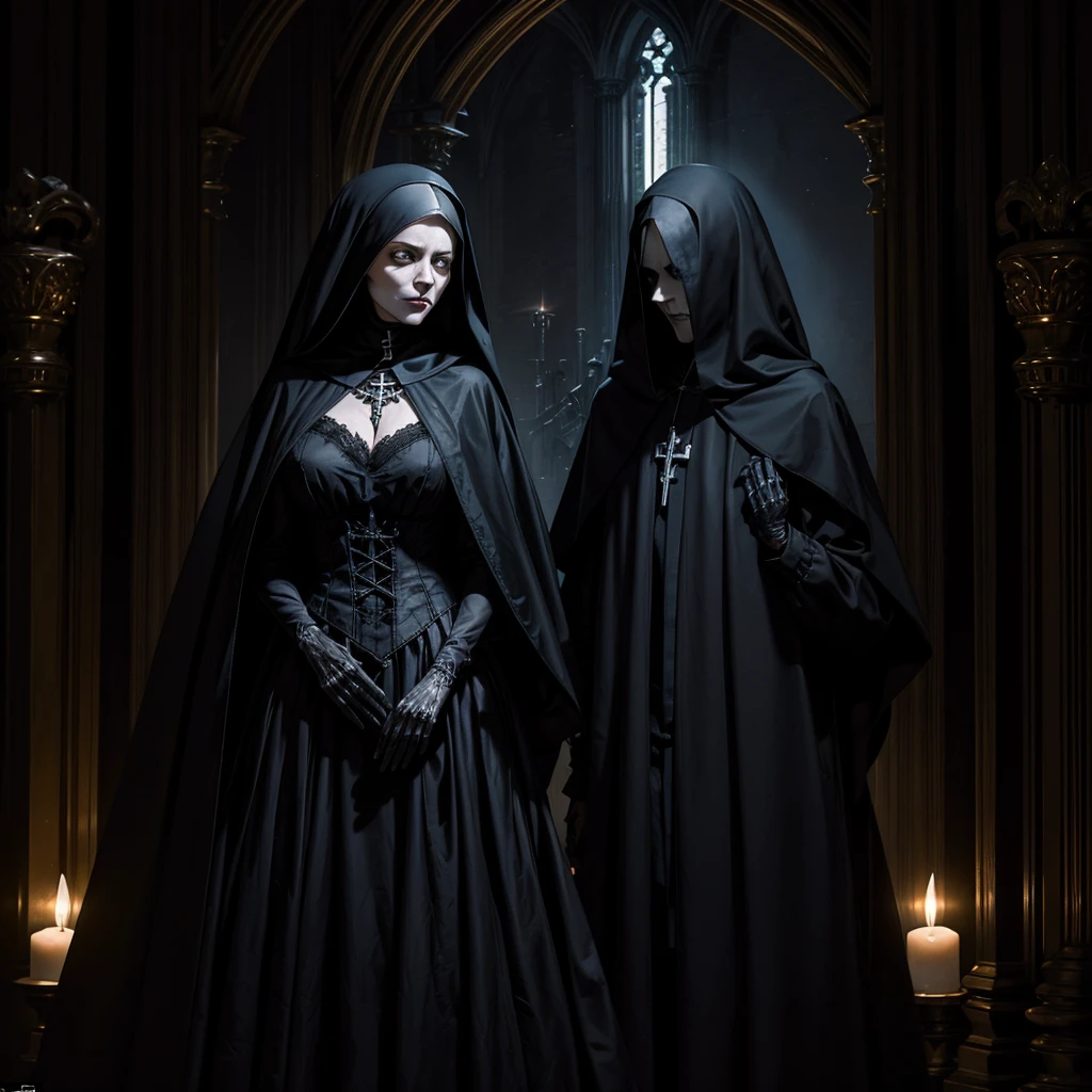 A sinister and mysterious Gothic room where a skeletal nun mummy lies on one wall, next to it a ghost completely covered in a black veil down to the feet where only the white eyes illuminated like two lights can be seen