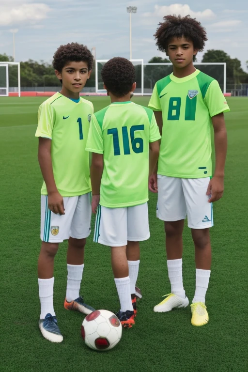 

---

"on a soccer field, three boys have their backs to the camera, watching the game. the newest, ALVES, 12 years old, has curly hair like Marcelo from the Brazilian team, with brown color and amber-green eyes. He's on the left. Beside him, are Jonathan and Lemes, both 16 years old, with straight hair. They wear colorful t-shirts and sports shorts. The green grass is under their feet and the clear blue sky is above them, creating the perfect setting for an afternoon of football."
!