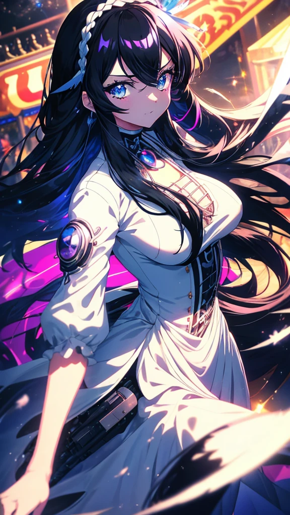 best quality, extremely detailed, anime style adult 1girl, long hair down to the waist, straight hair, ((dark black hair with bluish)),crown braid,beautiful detailed eyes, pinched eyes, dark blue eyes, huge breasts,curvy,(((white main black cyberpunk and magical dress))),longskirt,((feather accessory)),magical girl,light smile,((amusement park)),animation cap,animated gif,in precure style