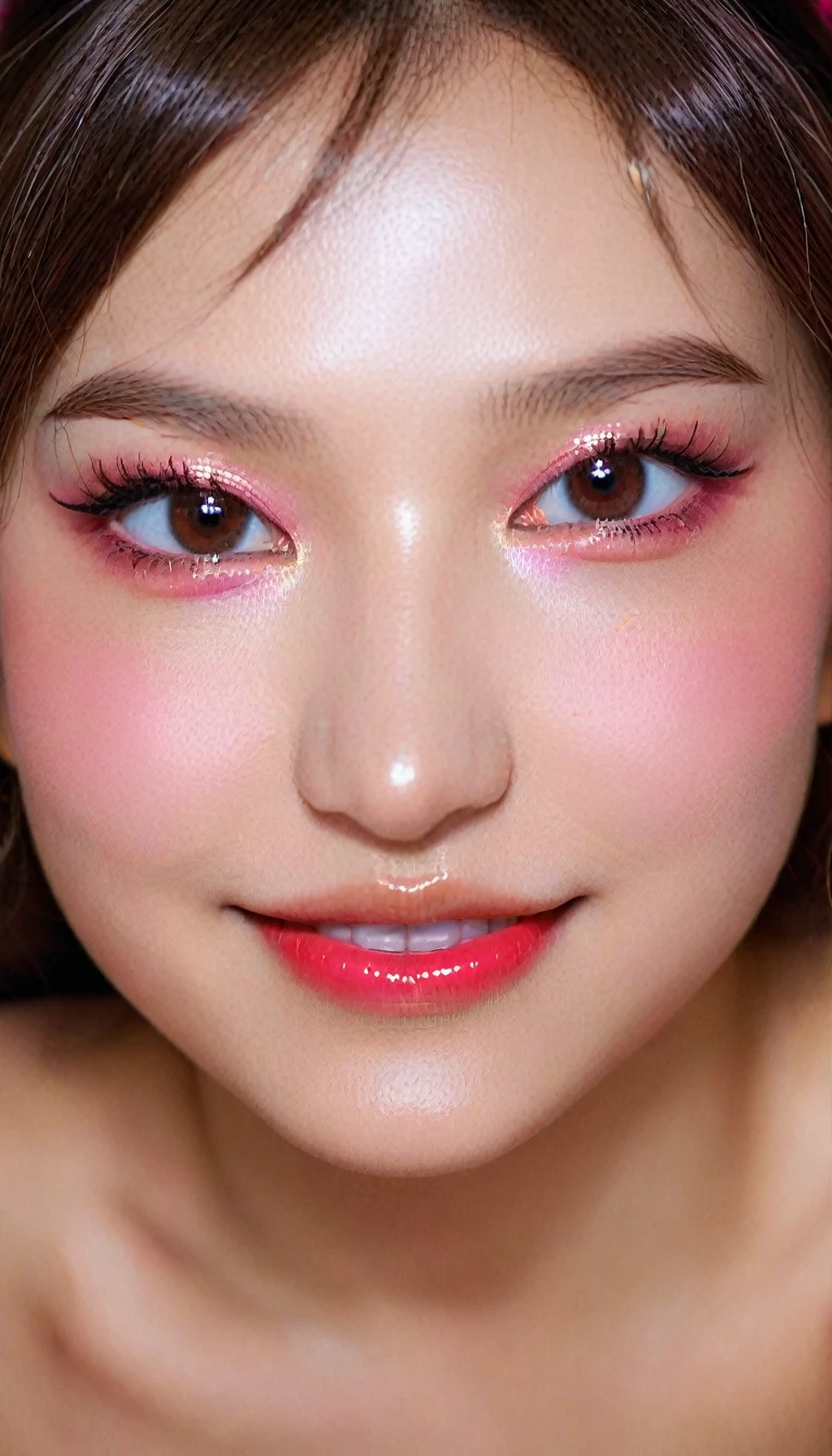 Ultra-realistic movie master pie with ultra-detailed primetime portraits, high quality, 8K, table top, Ultra HD), 1 girl 40 years old、nude supermodel, ((Random style and color hair)), masterpiece, high quality, high quality, High resolution、(close up of face), black_mascara put in Long eyelashes:1.5, dark (eyesshadows:1.35), (Glossy) red_lips:1.24, ((brown_eyes)), (iridescent eyes), vibrant eyes:1.35, high contrast, dark shot:1.5, (seductive smile), ((pink_makeup cheeks:1.2))