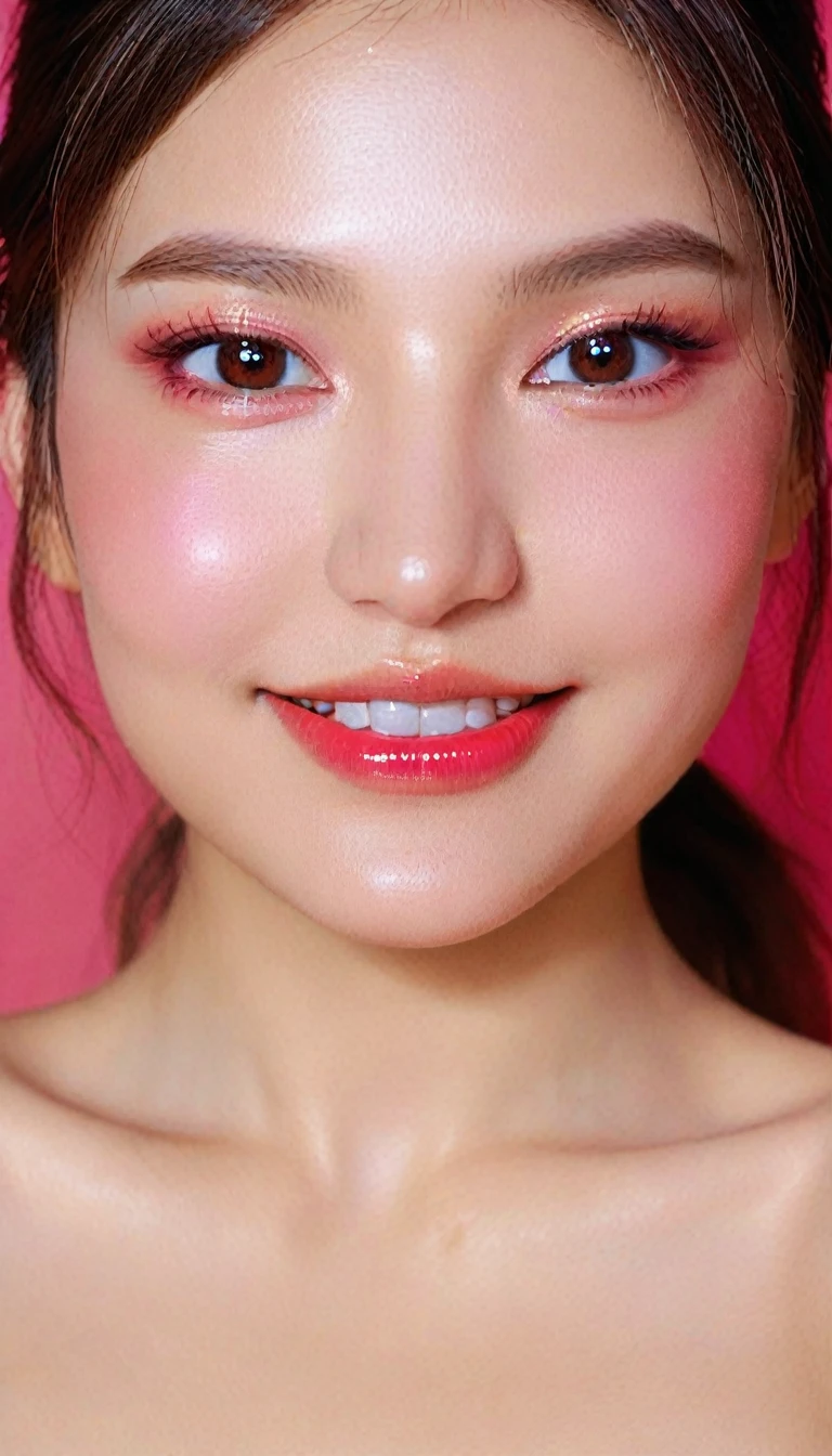Ultra-realistic movie master pie with ultra-detailed primetime portraits, high quality, 8K, table top, Ultra HD), 1 girl 40 years old、nude supermodel, ((Random style and color hair)), masterpiece, high quality, high quality, High resolution、(close up of face), black_mascara put in Long eyelashes:1.5, dark (eyesshadows:1.35), (Glossy) red_lips:1.24, ((brown_eyes)), (iridescent eyes), vibrant eyes:1.35, high contrast, dark shot:1.5, (seductive smile), ((pink_makeup cheeks:1.2))