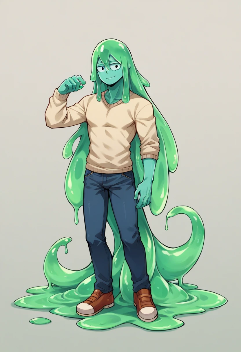 score_9, score_8_up, score_7_up, score_6_up, score_5_up, score_4_up, source_anime, 1Boy, slime Boy, Blue skin, Soft fashion, Long hair with green tips, tentacles, slime tentacles, slime boy, solo, slimegirlsfw, slime boy, sweater crop top, jeans, slimeboy, my hero academia, tentacles, school, depth of field, LUT, detailed, handsome, cute slime boy. My hero academia school, Tentacle tail, Full body shot, , muscular.