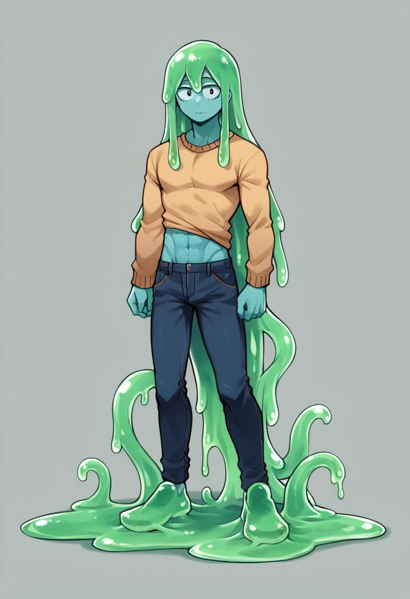 score_9, score_8_up, score_7_up, score_6_up, score_5_up, score_4_up, source_anime, 1Boy, slime Boy, Blue skin, Soft fashion, Long hair with green tips, tentacles, slime tentacles, slime boy, solo, slimegirlsfw, slime boy, sweater crop top, jeans, slimeboy, my hero academia, tentacles, school, depth of field, LUT, detailed, handsome, cute slime boy. My hero academia school, Tentacle tail, Full body shot, , muscular.