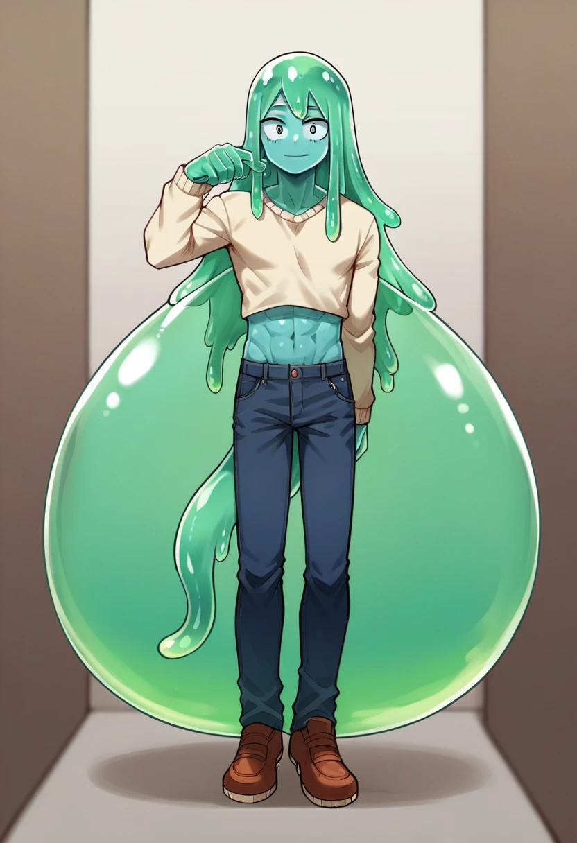 score_9, score_8_up, score_7_up, score_6_up, score_5_up, score_4_up, source_anime, 1Boy, slime Boy, Blue skin, Soft fashion, Long hair with green tips, tentacles, slime tentacles, slime boy, solo, slimegirlsfw, slime boy, sweater crop top, jeans, slimeboy, my hero academia, tentacles, school, depth of field, LUT, detailed, handsome, cute slime boy. My hero academia school, Tentacle tail, Full body shot, , muscular.