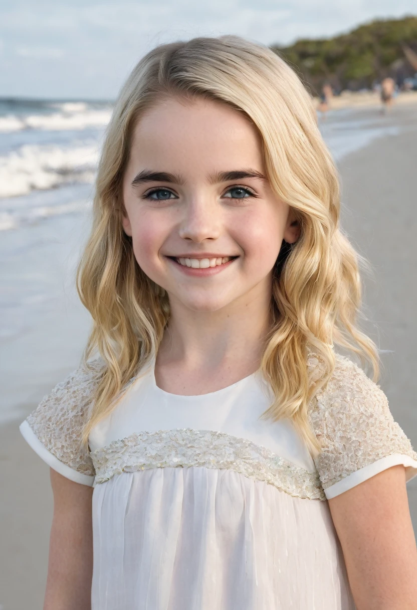 McKenna grace, young girl, blond hair, on a beach smiling at the camera